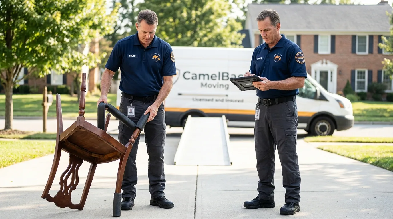 Movers inspecting furniture for damage prevention before loading in Adamsville, TN