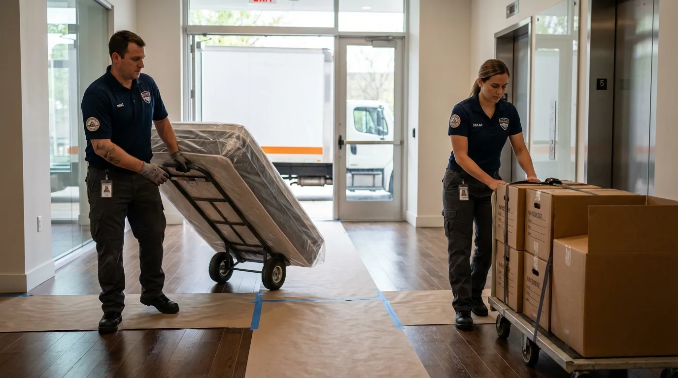 Professional apartment movers loading elevator in Adamsville, TN